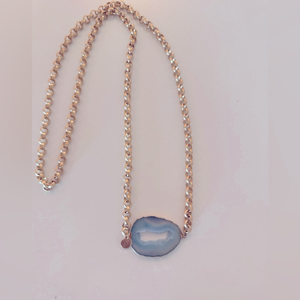 Gorgeous light blue agate stone necklace with long gold chain